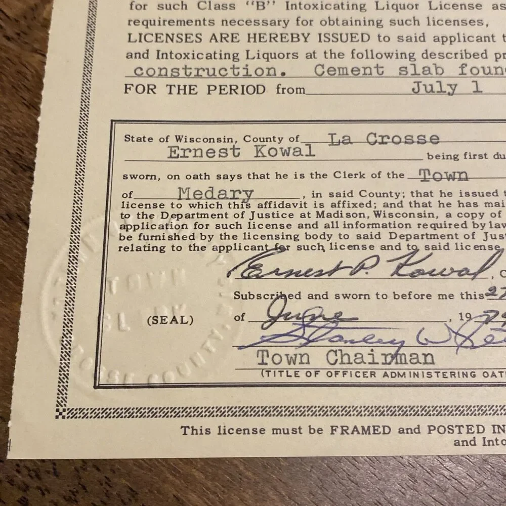Vintage 1974 Millers Cave La Crosse WI Liquor & Tobacco License Store Permit HTF